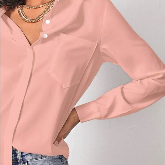 Women’s Pink Pocket Button Front Solid Shirt - Picture 3 of 3